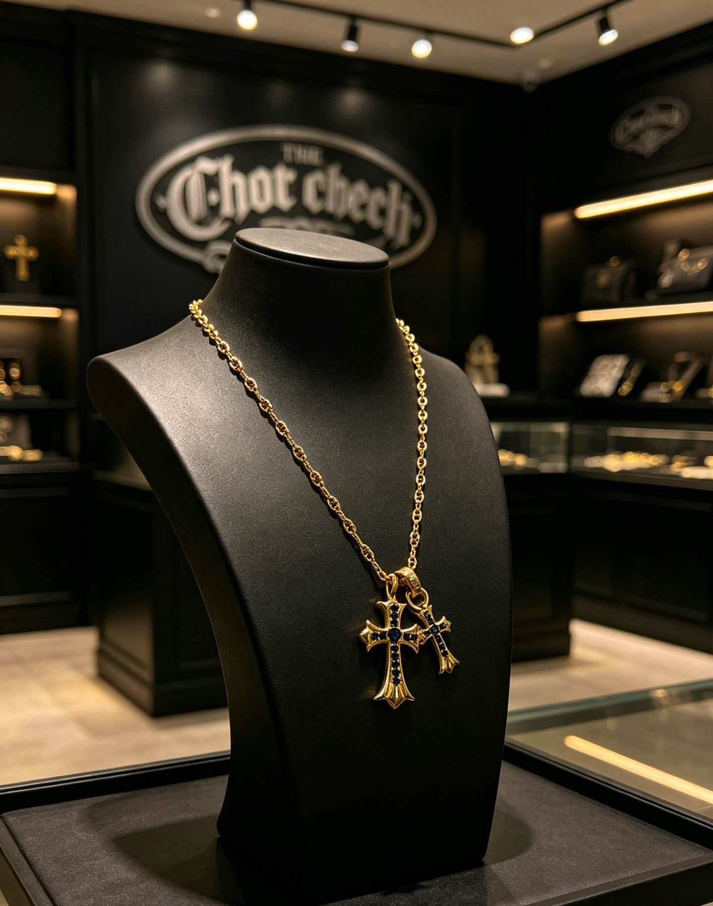 Chrome Hearts Gold Cross Pendant Necklace with Black Stones